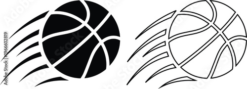 Minimalist black vector silhouette and line art icons of a fast flying basketball with motion lines, representing competitive sports, team games, and athletic action.