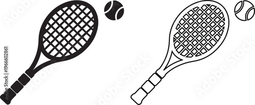Minimalist black vector silhouette and line art icons of a tennis racket and ball, representing competitive sports, athletic training, and outdoor recreational games.