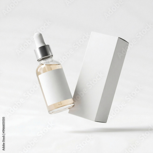 Minimal floating cosmetic serum bottle mockup with blank label and packaging box on clean white background