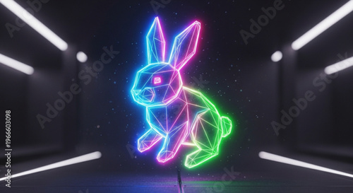 Neon rabbit sculpture in blue pink and green lights against a dark background with white beams