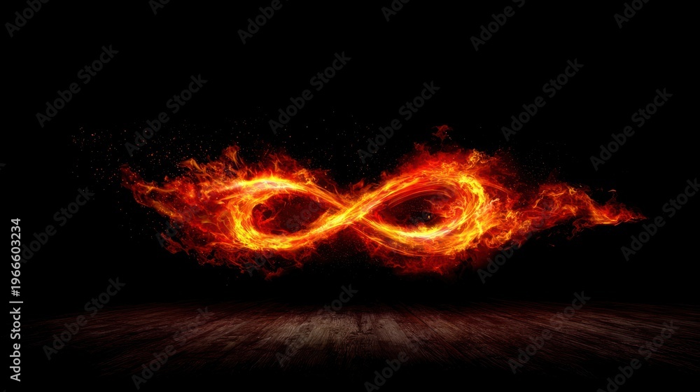 Fototapeta premium Fiery infinity symbol with flames on black background graphic design