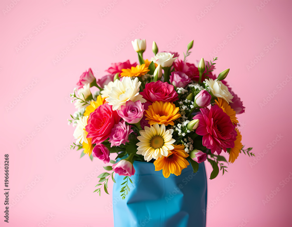 Obraz premium Bright bouquet of flowers in a blue vase with a pink background during daytime Generative AI
