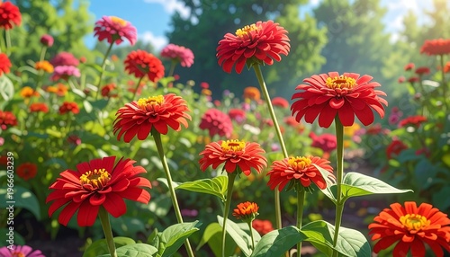 Vibrant garden scene with red and orange flowers