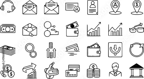 Set of Outline Finance and Money Business Icons Representing Banking Transactions Payment Methods Investment Growth Currency Exchange Digital Wallet Communication Symbols Outline Vector Illustration