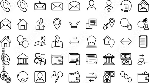 Collection of diverse line art vector illustration icons covering essential business, communication, finance, real estate,digital design applications, web interfaces, and app development, presenting 