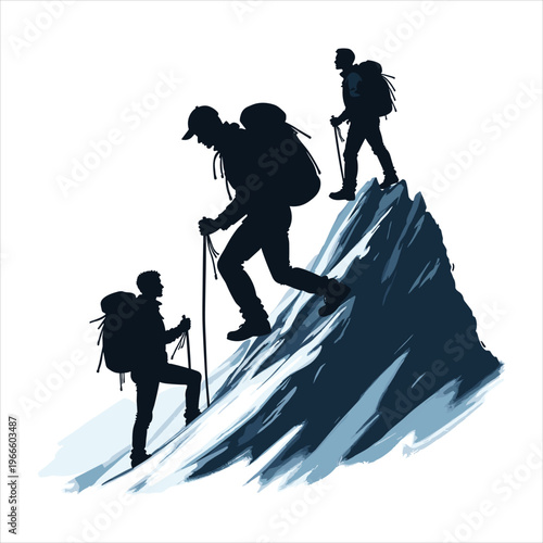 Black Silhouettes of a Group of Hikers Climbing a Steep Mountain