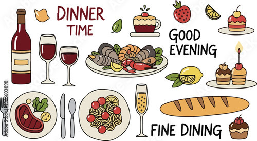 Dinner and Wine Fine Dining Restaurant Food, Illustration Doodle Cartoon Collection