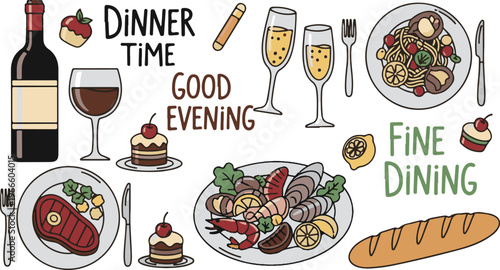 Dinner and Wine Fine Dining Restaurant Food, Illustration Doodle Cartoon Collection