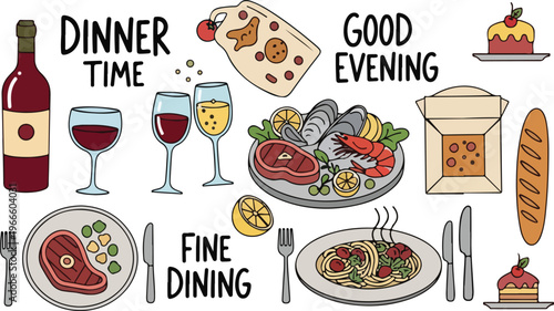 Dinner and Wine Fine Dining Restaurant Food, Illustration Doodle Cartoon Collection