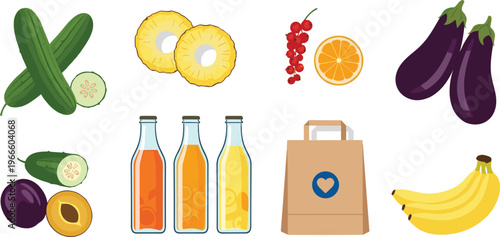 Organic grocery and juice vector set. Flat illustrations of fruit, vegetables, bottled drinks, and shopping bag for food delivery and market design.