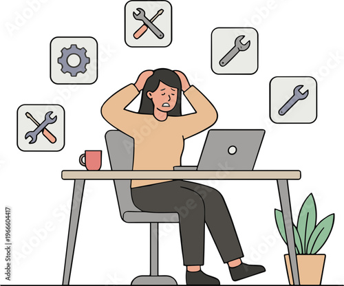 Frustrated woman sits at desk with laptop and tools around her