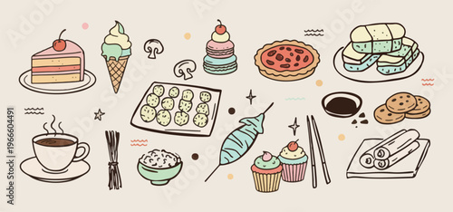 Food cooking variety, asian cuisine sketches, sweet cupcakes dessert, savory meal illustrations, restaurant menu elements, traditional dish doodles, culinary art collection

