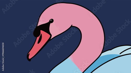 Pink swan with a red beak swimming in blue water during a sunny day