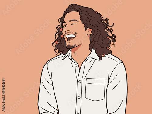 Laughing man with curly hair enjoys a moment of joy while wearing a white shirt against a plain background