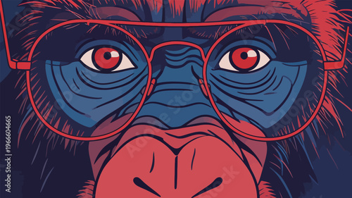 Monkey wears large glasses and stares with bright eyes in a unique artwork inspired by modern illustrations