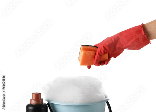 Female hand with sponge, pl...