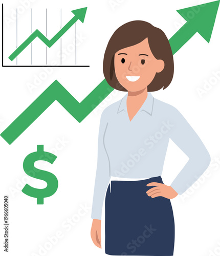 A smiling woman stands confidently with a green arrow and graph showing growth.
