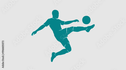Teal silhouette of a soccer player kicking a football in dynamic action