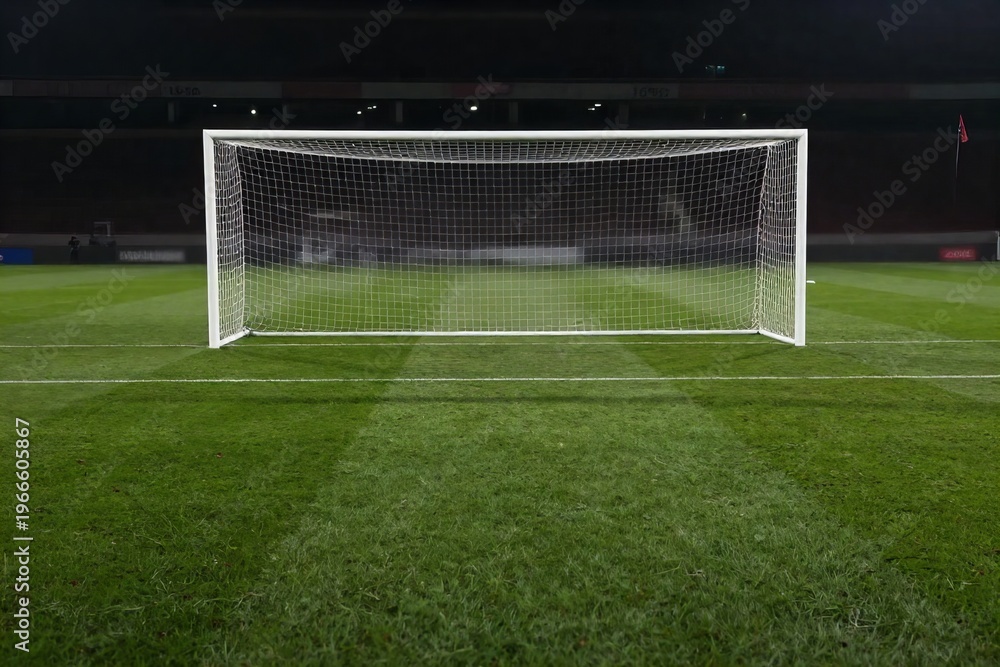 Fototapeta premium Football Goal from Penalty Kick View – Empty Stadium Pitch with Symmetrical Composition