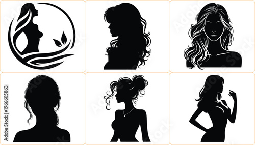 Set of elegant woman silhouette logo templates with detailed wavy hair, feminine beauty profiles for hair salon, spa, wellness and cosmetics