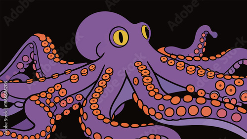 Purple octopus with yellow eyes swims in deep water at night while showcasing its long tentacles and vibrant colors