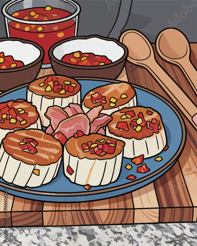 Different types of sushi with sauces and toppings on a wooden board in a kitchen setting during daylight hours