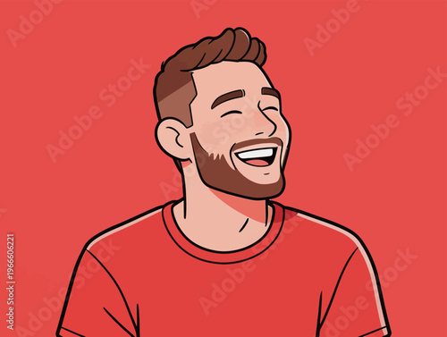Man with brown hair laughs while smiling against a bright red background in a simple setting at a casual time