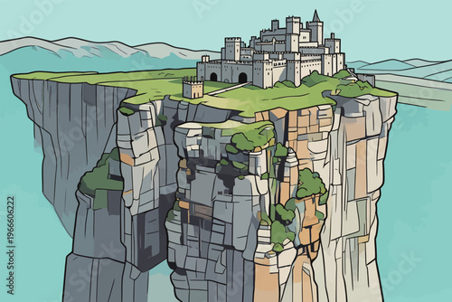 Castle sits on a high cliff surrounded by water with mountains in the background during midday