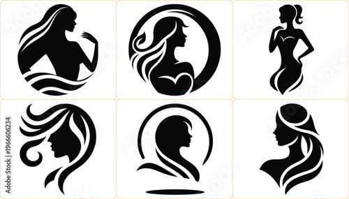 Set of elegant woman silhouette logo templates with flowing wavy hair, feminine beauty profiles for hair salon, spa, wellness and cosmetics