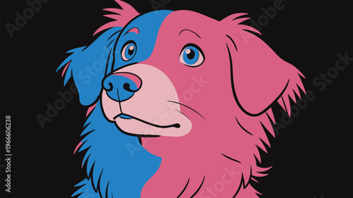 Brightly colored dog head with blue and pink halves against black background shows cartoon style and playful design