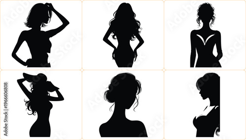 Set of elegant woman silhouette logo templates with wavy hair, hat, lifestyle poses, feminine beauty for hair salon, spa, wellness