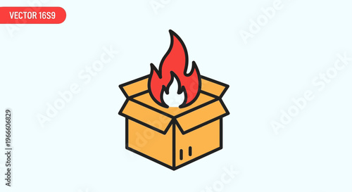 Orange cardboard box with bright red flames erupting from its open top, isolated on a light blue background.