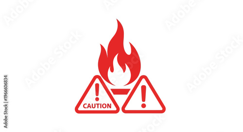 Red Fire Warning Sign with Caution Triangles Isolated on Transparent Background