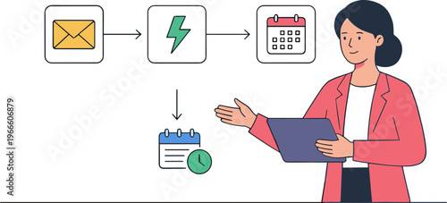 A woman presents a laptop to illustrate the process of sending an email on a calendar event