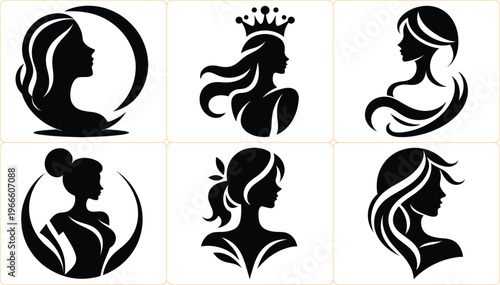 Set of elegant woman silhouette logos with crown, ponytail, and flowing hair, feminine beauty icons for hair salon, spa, and cosmetics.