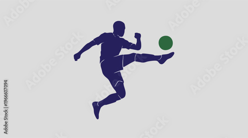 Minimalist graphic silhouette of a soccer player kicking a green ball