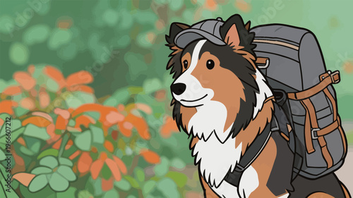 Collie dog with a backpack in a forest during a sunny day