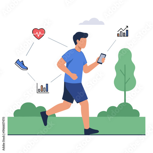 Man jogging in park with mobile phone tracking fitness data and icons
