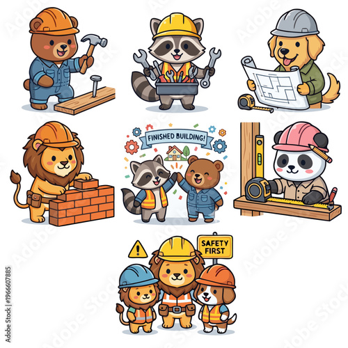 Charming cartoon animal profession sticker icons a vibrant collection depicting various construction, mechanic, and builder roles for playful designs and education