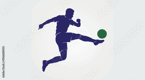 Dynamic silhouette of a football player kicking a green soccer ball