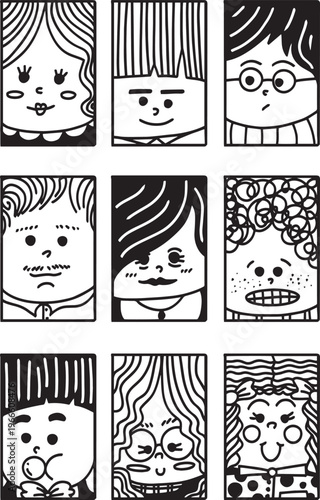 black and white avatar and profile pictures bundle in cartoon doodle style