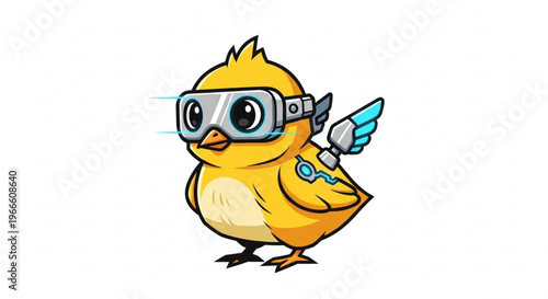A cheerful yellow chick wearing futuristic virtual reality goggles and wings