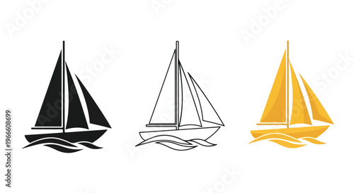 Set of sailboat icons in black, white, and yellow on a white background