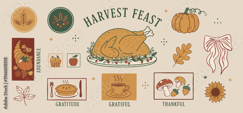 Harvest feast Thanksgiving dinner, Roasted turkey and autumn food, Grateful holiday meal illustrations, Pumpkin and harvest season graphics, Family dinner festive food set, Traditional holiday culinar