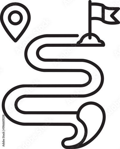 Winding path leading from starting pin up to summit flag on mountain hill representing difficult challenge vector