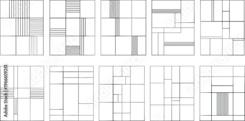Abstract grid patterns, geometric rectangles, striped design, optical art, visual puzzle, black and white illustration, modern vector, spatial arrangement