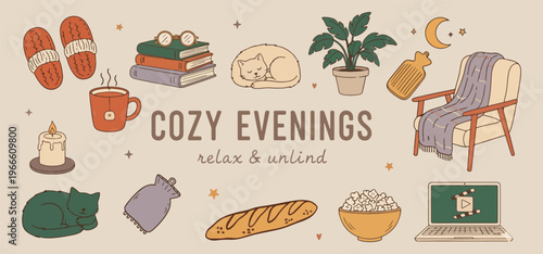 Cozy evenings relax and unwind, Hygge lifestyle home decor, Comfortable evening rest illustrations, Books and cat home scene, Bread and warm beverage graphics, Relaxing indoor hobby doodles, Peaceful 