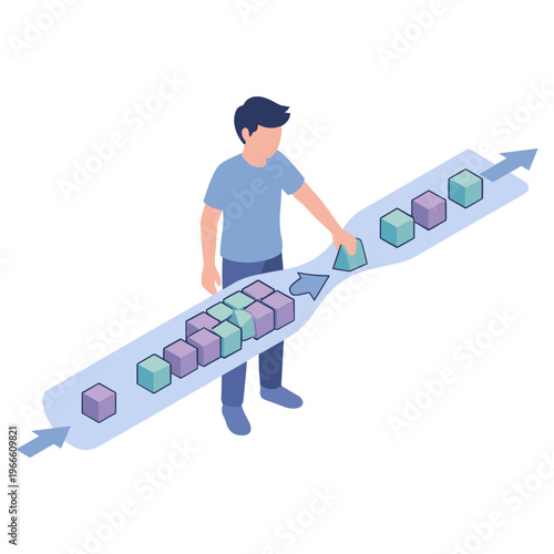 A man is placing a cube on a conveyor belt with various colored cubes moving along it.