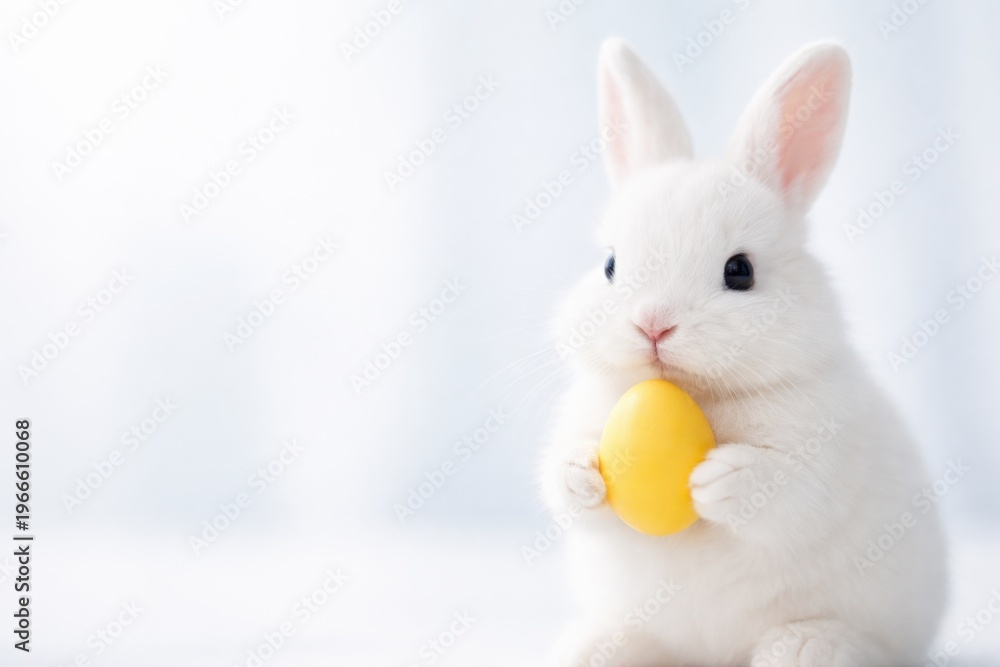 Obraz premium Adorable white bunny holding a bright yellow Easter egg in a soft, bright setting