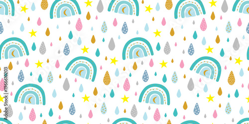 Childrens cute seamless pattern. Fun mood, environment. Rainbow and colorful raindrops. For textiles, packaging, wallpapers, backgrounds or websites. Cartoon vector design.